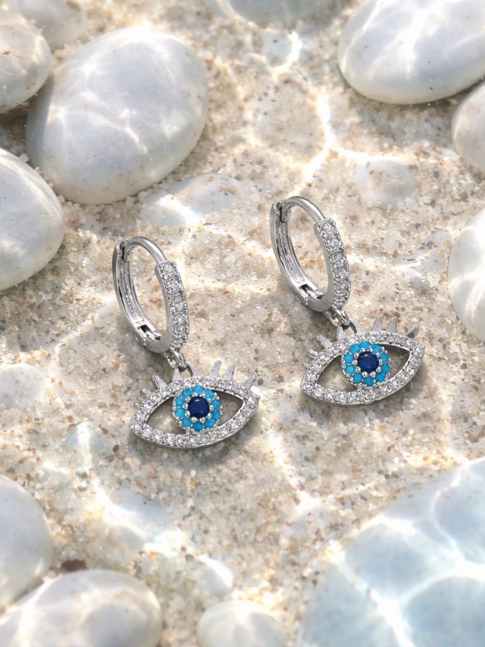 Silver tone Blue Evil Eye Drop Earrings with gift box